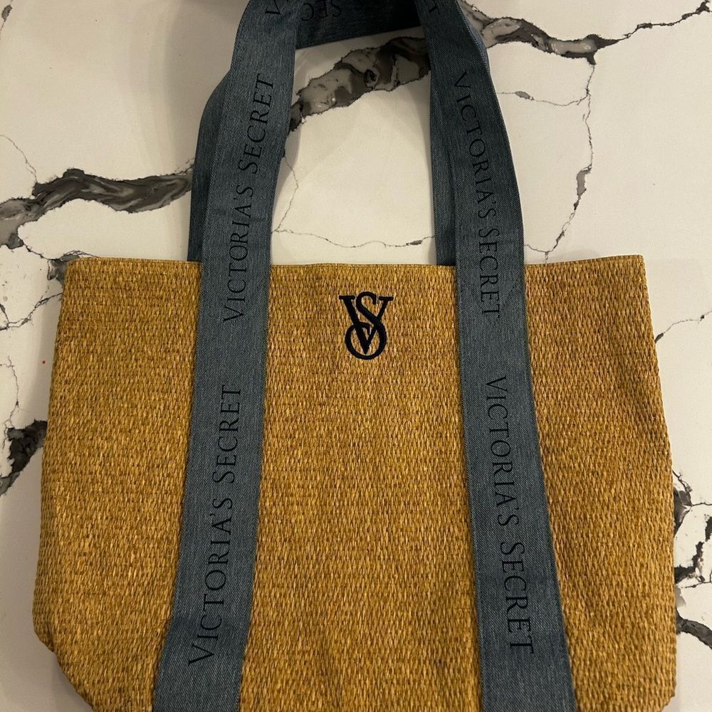 Victoria's Secret Tan and Blue Canvas Tote - Picture 3 of 5